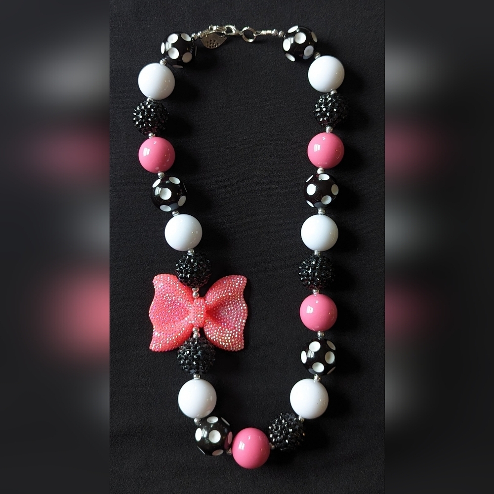 Handcrafted Artisan Girls Chunky Beaded Necklace - Pink, Black and White